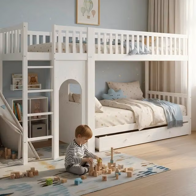 Letto a castello Mivray per bambini in legno e MDF bianco con scala dritta e sponde di sicurezza L/P/H: 200 x 90 x 160 cm