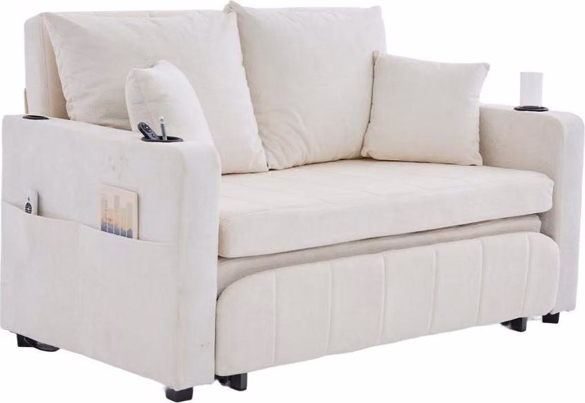 AIORBER Divano letto multifunzionale pieghevole divano estraibile divano a 2 posti in tessuto portaoggetti USB portabicchieri estraibile lavabile - Beige/Khaki/Grigio/Nero