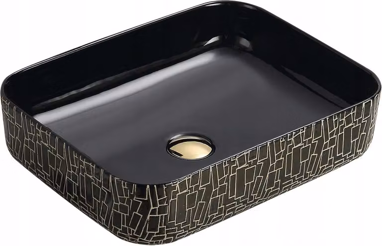 Lavello da bagno Piano di lavoro Lavatoio Nero Oro Quadrato 51x39x14 cm