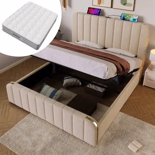 Letto Contenitore Matrimoniale Imbottito con Materasso ¨C Xylo ¨C Beige, Idraulico, Testiera LED USB, 180x200