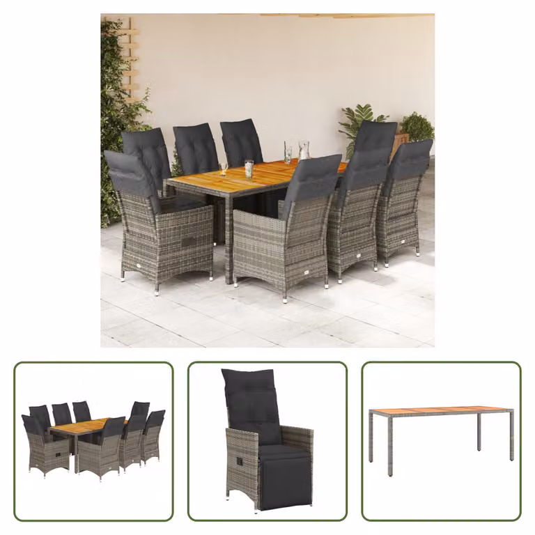 The Living Store Set bistrot da giardino 9 pezzi con cuscini in poly rattan grigio