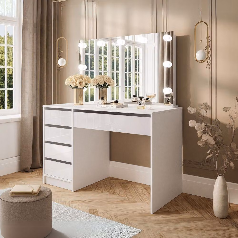 Toeletta trucco Elite bianca con specchio 5 cassetti e lampadine LED 120x55x142,6H