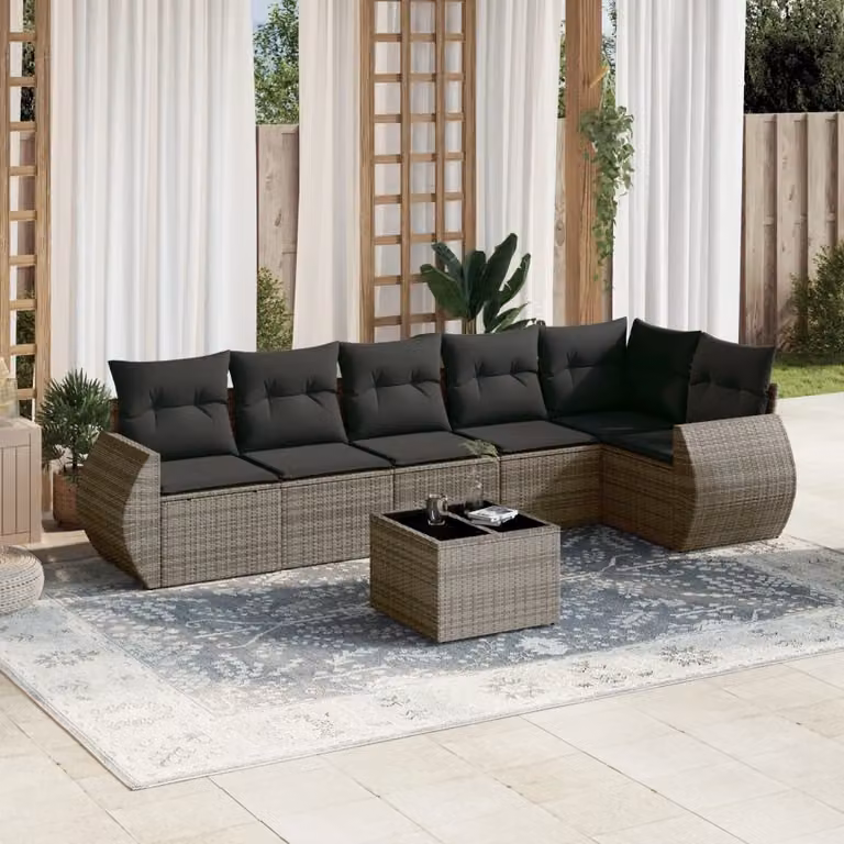 Set di divani da giardino vidaXL in polyrattan grigio con cuscini, tavolino e sedute a L per esterno