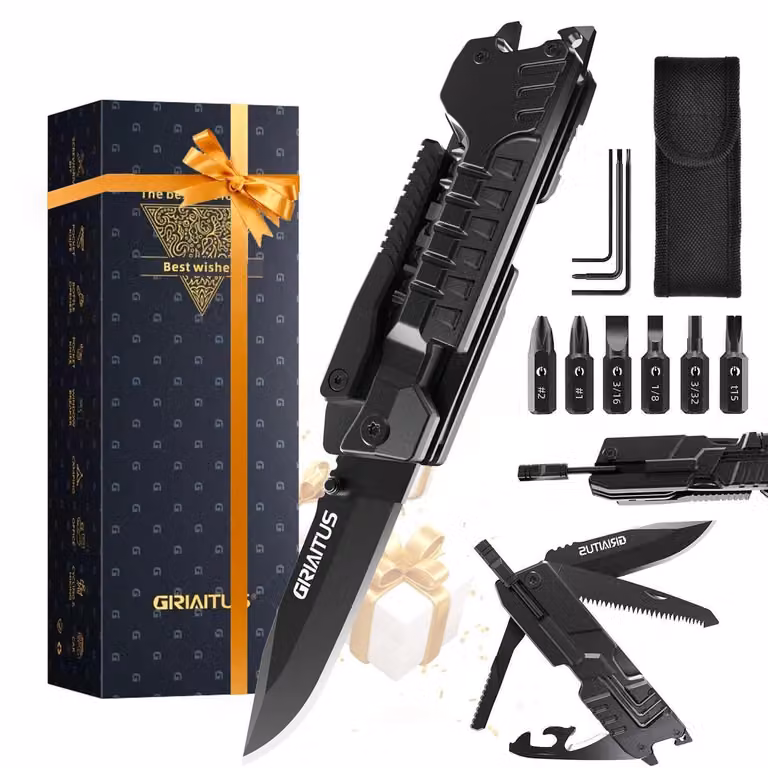 Coltello multiuso 17-in-1, accessorio da campeggio, acciaio inossidabile, con sega, cacciavite, apriscatole, fischietto, gadget per la sopravvivenza all'aperto