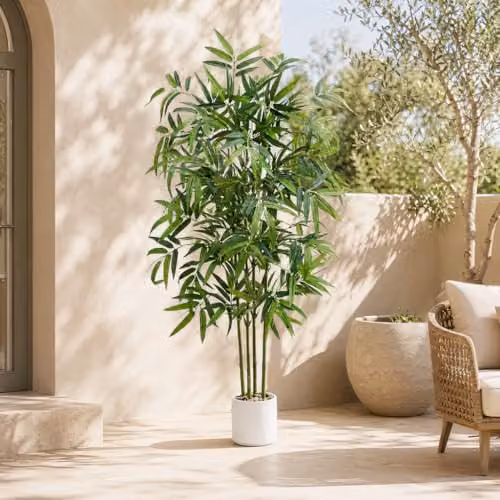 TXABL Albero artificiale, albero di bambù artificiale, alto 1,5 m, in vaso bianco, albero artificiale per interni, albero di bambù in seta con tronco in legno naturale, per casa, ufficio, soggiorno,