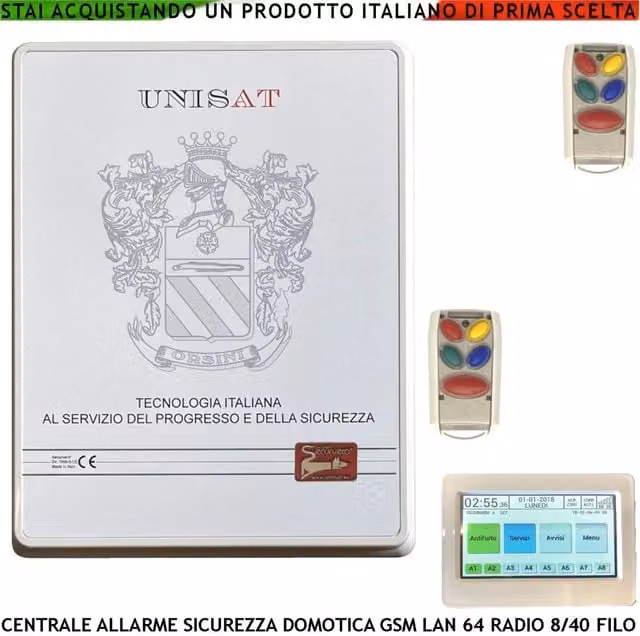 Centrale di Allarme Securvera per Impianto di Sicurezza con 64 Zone, Tecnologia Radio e 8 Fili, Gestibile tramite App, con 2 Radiocomandi e Funzioni GSM/GPRS, Colore Bianco