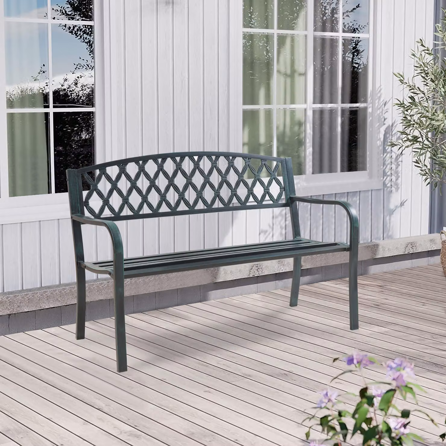 Panchina da giardino 'Opsasar' per 2-3 persone acciaio 127 x 53,5 x 88 cm Grigio scuro con patina verde