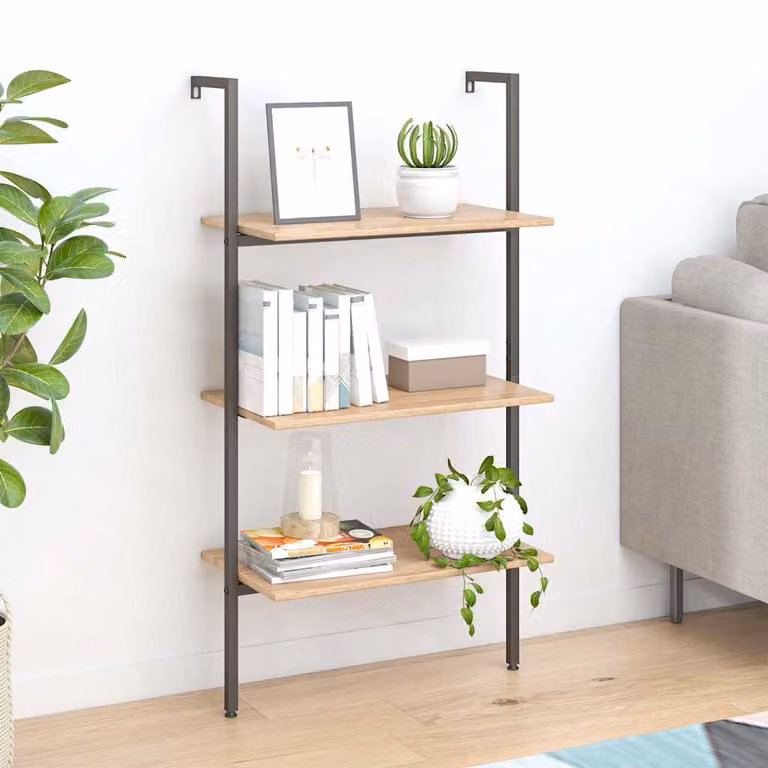 Scaffale a scala da parete vidaXL con 3 livelli in stile industriale, Marrone Chiaro e Nero, L: 64 cm, P: 35 cm, H: 120,5 cm