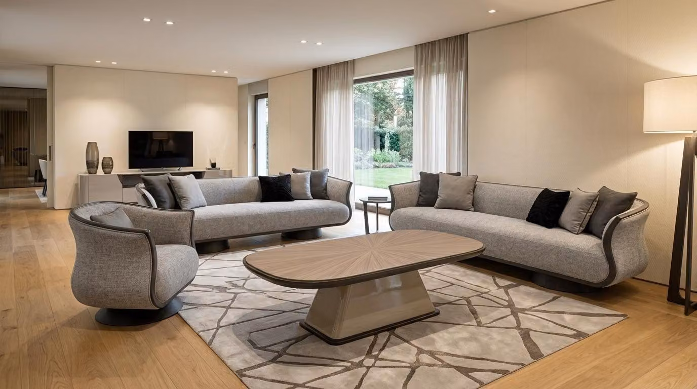Set per soggiorno: divano a 3 posti, tavolino, design moderno, confortevole ed elegante