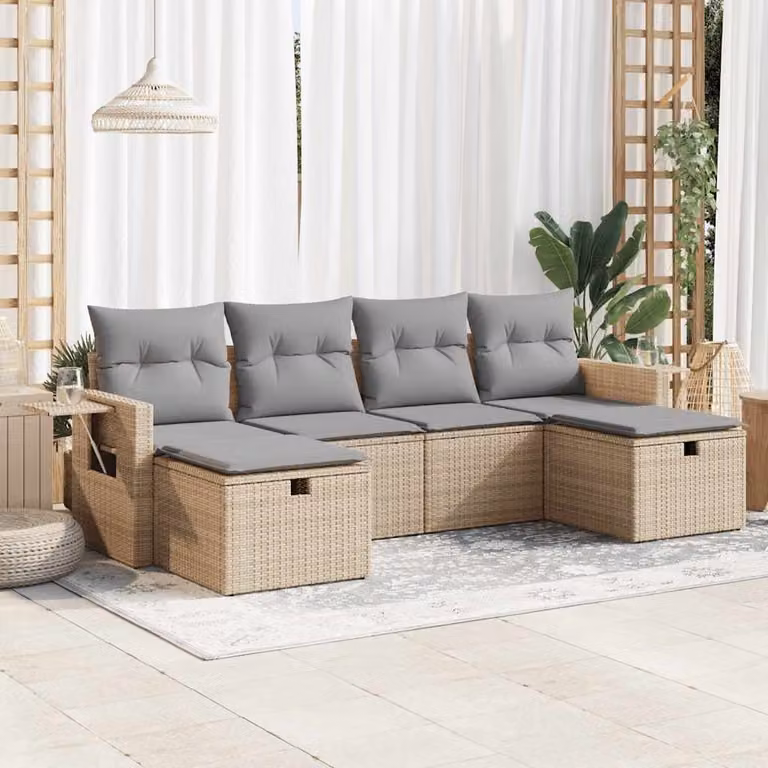 Set Divano da Giardino vidaXL 6 pz in Polyrattan con Cuscini Beige e Grigio a Forma di L