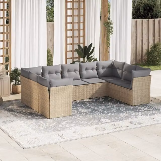 Set Divano da Giardino a L VIDAXL in Polyrattan con Cuscini Beige e Grigio, 9 Pezzi