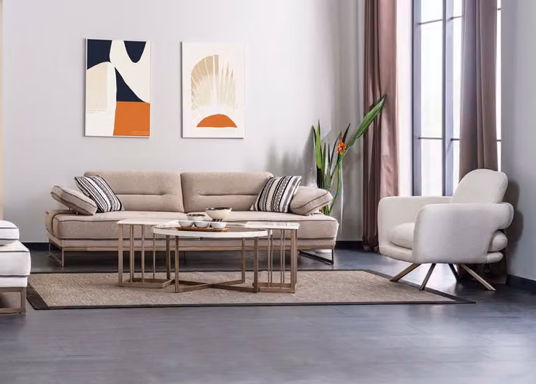 Modernes Wohnzimmer Set 3-Sitzer Sessel Couchtisch 2x Beistelltische