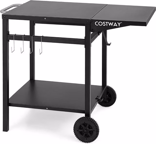 Carrello da preparazione moderno in acciaio nero con piano estensibile e ruote per cucina e giardino