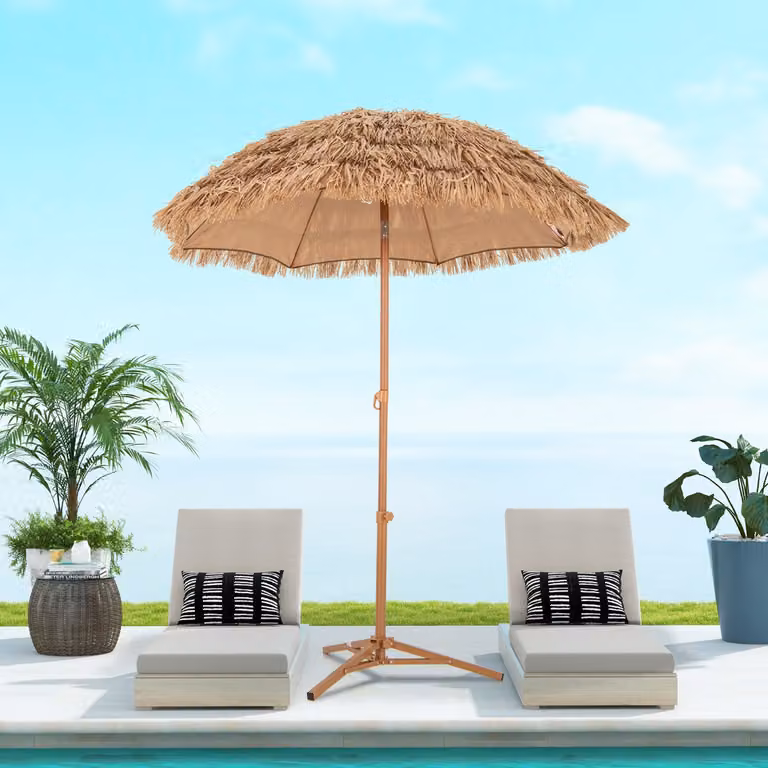 Ombrellone da spiaggia in paglia stile Hawaiano Costway marrone con inclinazione a pulsante e base pieghevole, Diametro: 200 cm