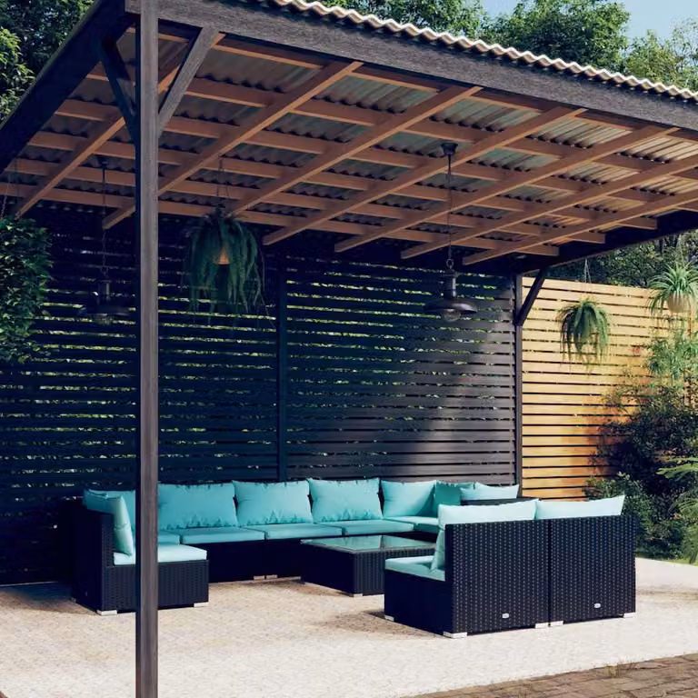 Set di divani da giardino vidaXL a forma di U composto da 10 pezzi con cuscini e tavolino da caffè, struttura in metallo nero e rattan con cuscini rimovibili in tessuto resistente ai raggi UV