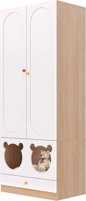 Armadio moderno per cameretta in MDF laccato con 2 ante, 2 cassetti, asta appendiabiti e ripiani interni, bianco e beige, L: 80 cm, P: 50 cm, H: 200 cm