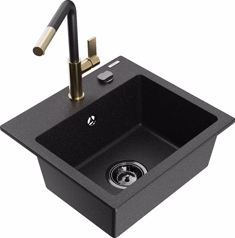 Mexen Milo lavello in granito a 1 vasca con miscelatore da cucina Flora, nero/argento metallizzato - 6505-73-670401-57-B