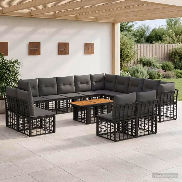 Set Divano da Giardino vidaXL 14 pz in Polyrattan Nero e Grigio con Tavolino e Cuscini