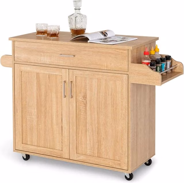 Costway Carrello da cucina moderno in legno con ruote in gomma, armadio portaoggetti con cassetto, L/P/H: 116 x 40 x 85 cm, colore naturale beige e marrone