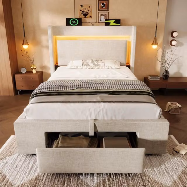 Letto Contenitore Idraulico REDOM Beige con Materasso Incluso, Design Moderno con Porta USB, Luce da Lettura Integrata e Ripiano Laterale, L/P: 90 x 200 cm