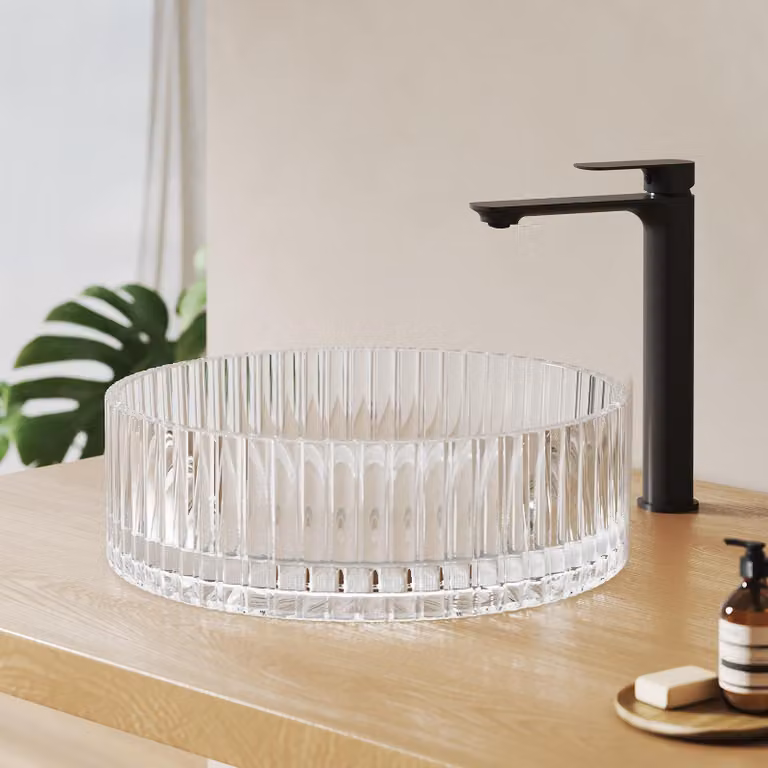Lavabo da appoggio EMKE rotondo 400x400x120mm in vetro cristallo temperato trasparente galvanico, senza foro per rubinetto e troppopieno, design moderno