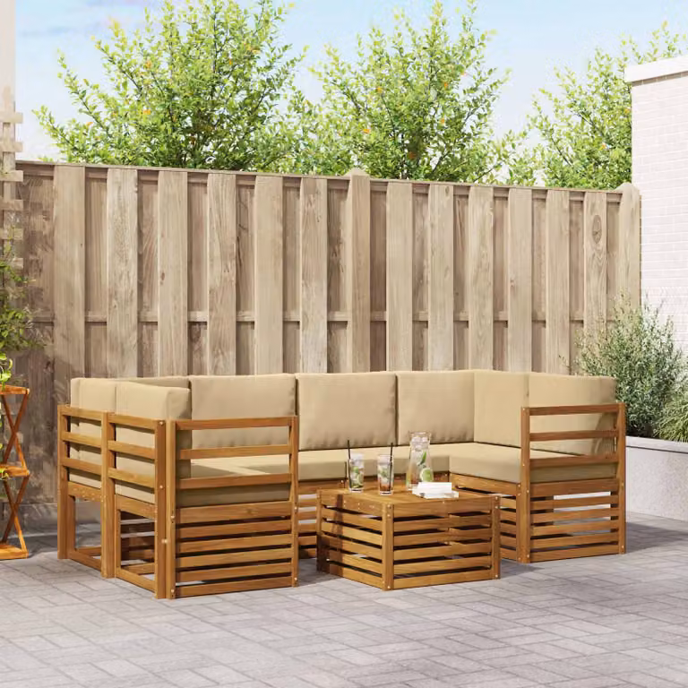 Set di divani da esterno vidaXL a forma di L in legno di acacia con tavolo da caffè, 7 pezzi, Beige e Sabbia