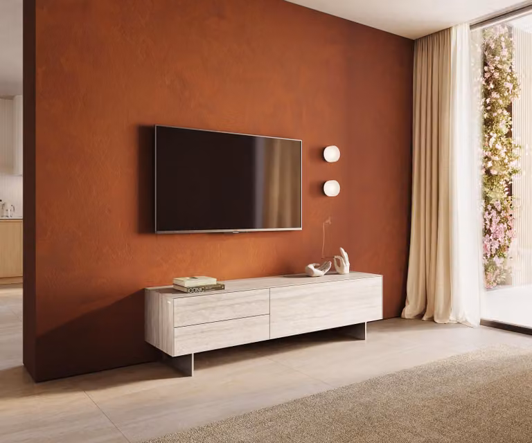 DELIFE Mobile TV a basso profilo "Cuor", 180 cm, piano in laminato Keramik Laminam® effetto travertino, colore bianco crema, 1 anta, 2 cassetti, piedi che conferiscono un effetto sospeso, acciaio inossidabile