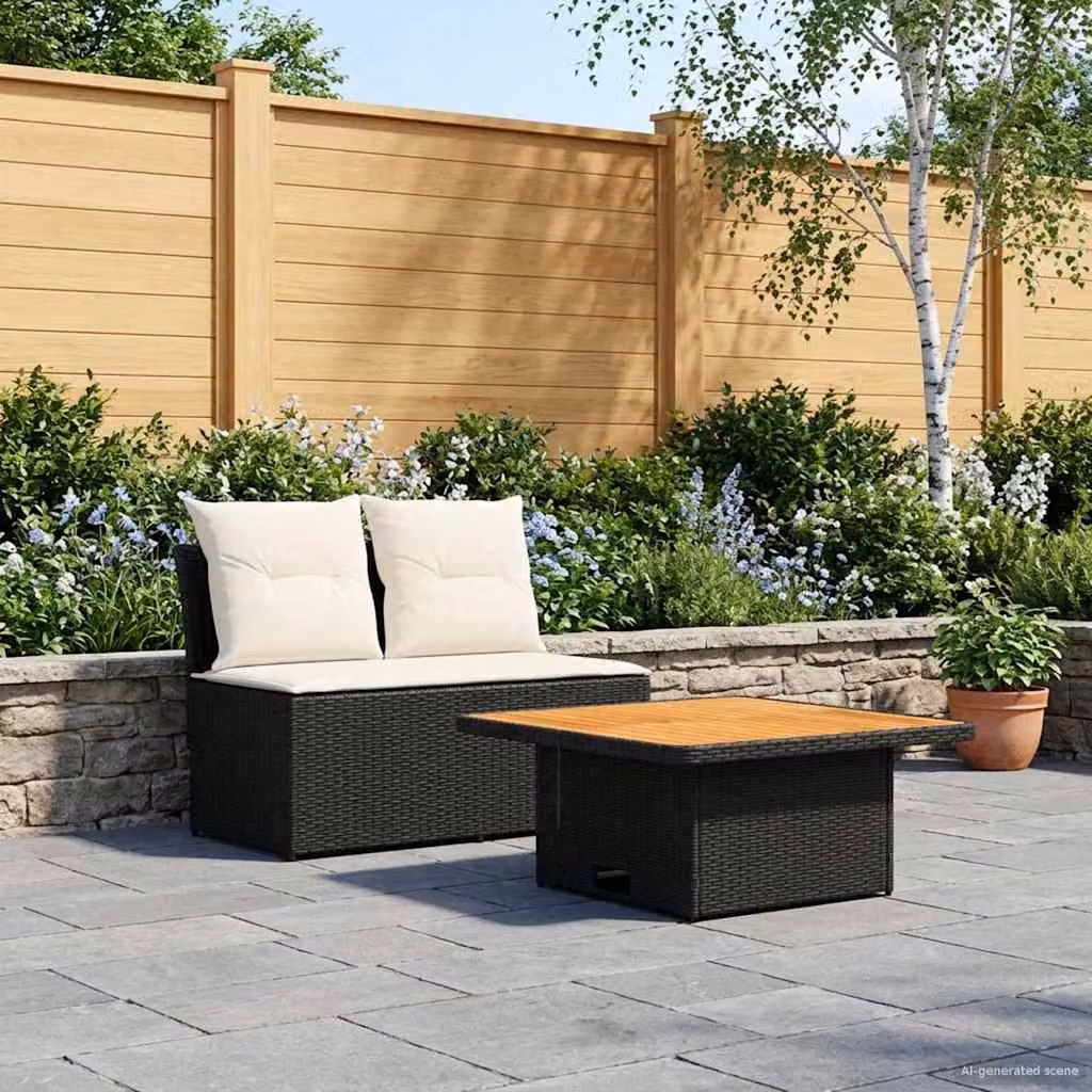 Set da giardino vidaXL composto da 2 divani a due posti con tavolino, colore nero e beige, con struttura in acciaio verniciato a polvere e cuscini in schiuma con rivestimenti rimovibili