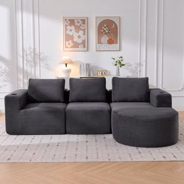 Divano a 2 posti MIVRAY grigio con cuscini e portabicchieri per soggiorno o ufficio, L: 265 cm, P: 176 cm, H: 60 cm