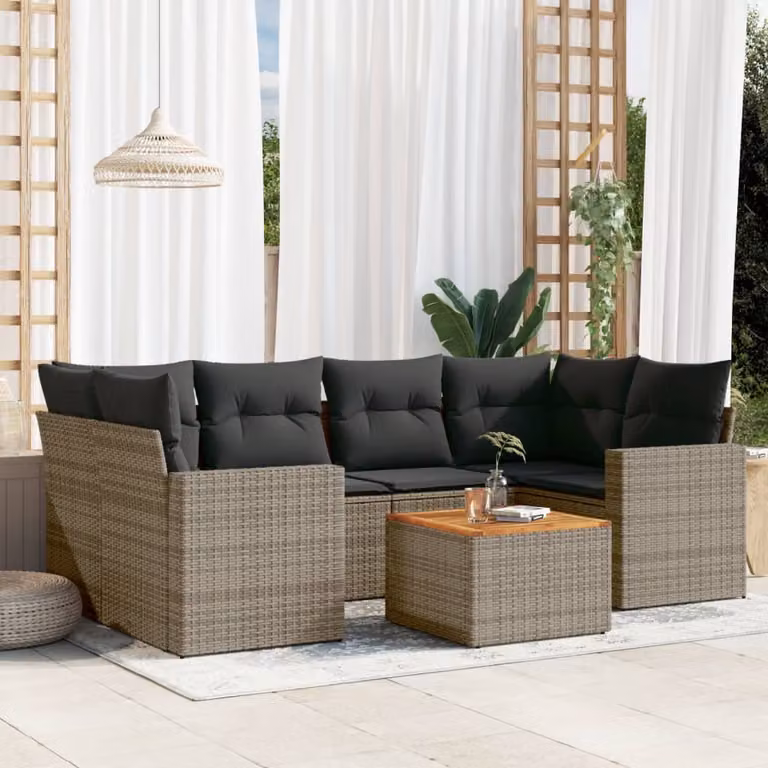 Set di divani da giardino vidaXL in polyrattan 7 pezzi con cuscini grigi e tavolo da caffè moderno a forma di L