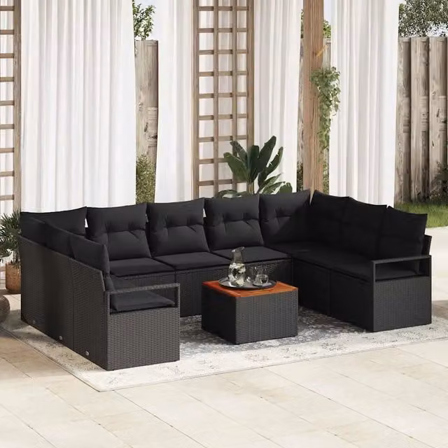 Set Divano da Giardino a L vidaXL in Polyrattan Nero con Cuscini e Tavolino da Esterno – 1