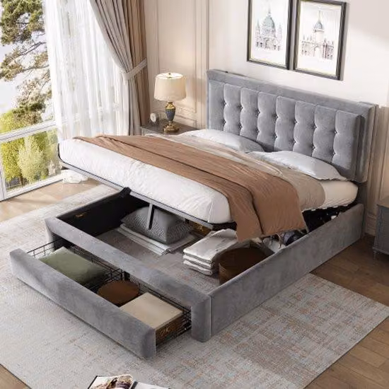 Letto a due piazze con contenitore e regolazione idraulica, 140x190 cm, rete a doghe in legno, grigio, con 2 cassetti