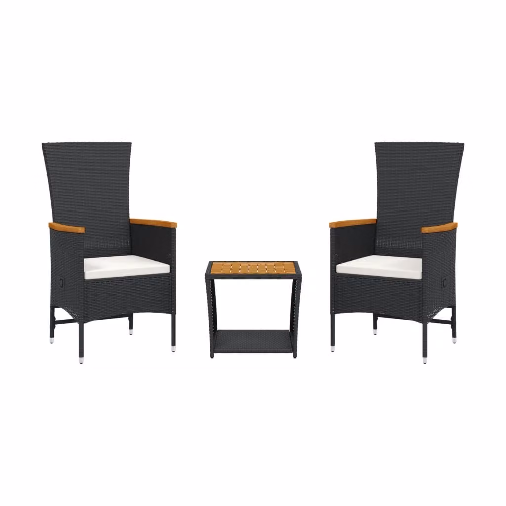 Set da Pranzo da Giardino 3 pz con Cuscini Nero in Polyrattan