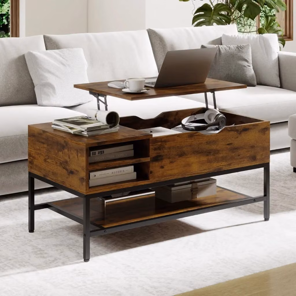 Tavolino da caffè Design Mania in legno marrone con piano sollevabile e scomparto nascosto per soggiorno, L/P/H: 99.5 x 49.5 x 47.5 cm – 2