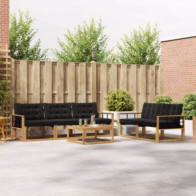 Set di divani da esterno vidaXL 6 pezzi in legno di acacia con tavolino e cuscini, Bianco e Nero