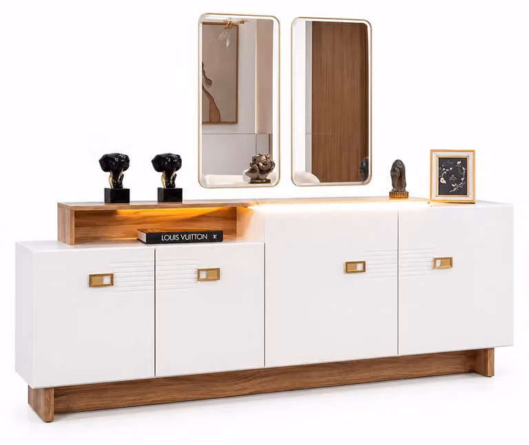 Elegante mobile bar/credenza bicolore marrone e bianco, con specchio e illuminazione a LED