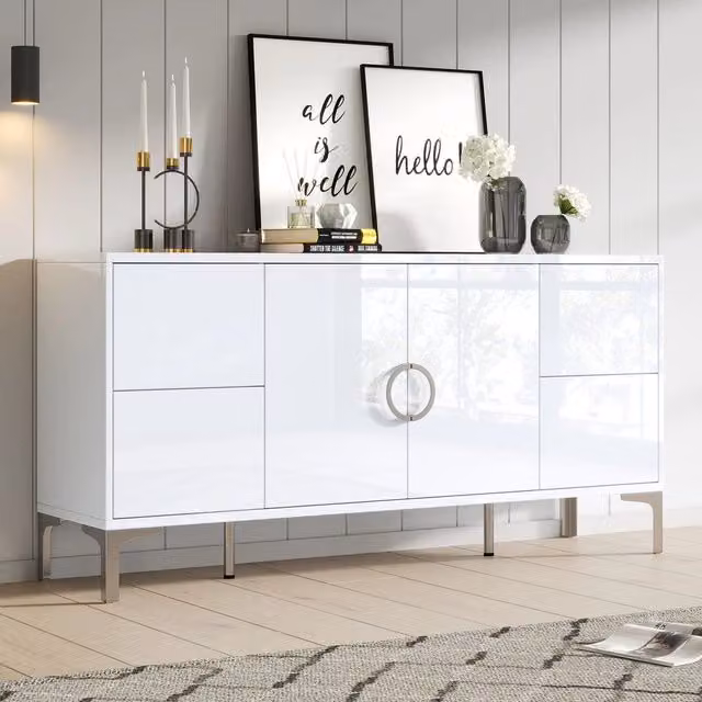 Credenza con 4 Cassetti e 2 Ante ¨C MINIMAL ¨C Bianco Lucido MDF 150x38x59.5