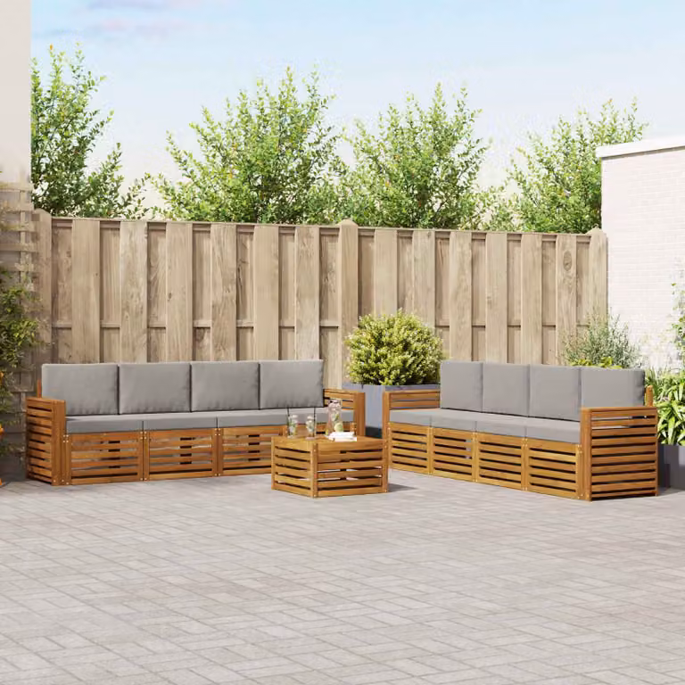 vidaXL Set di divani da esterno a L in legno di acacia con 9 pezzi, Beige, Grigio e Marrone
