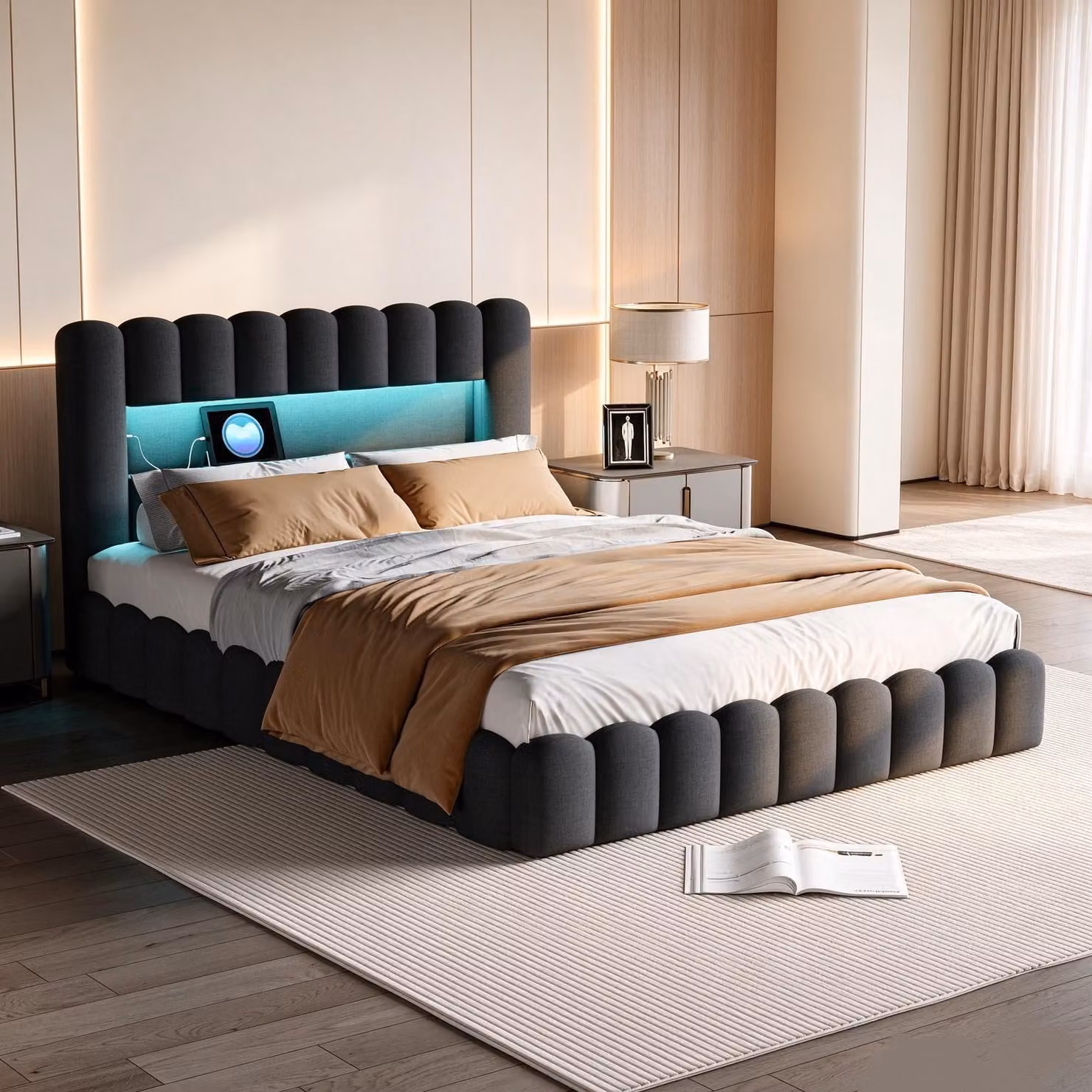 Letto imbottito INONEFT 180x200, letto matrimoniale modello "Bubble" con LED e funzione di ricarica USB, testiera imbottita, letto con box e meccanismo a sollevamento idraulico, rivestito in lino, colore grigio
