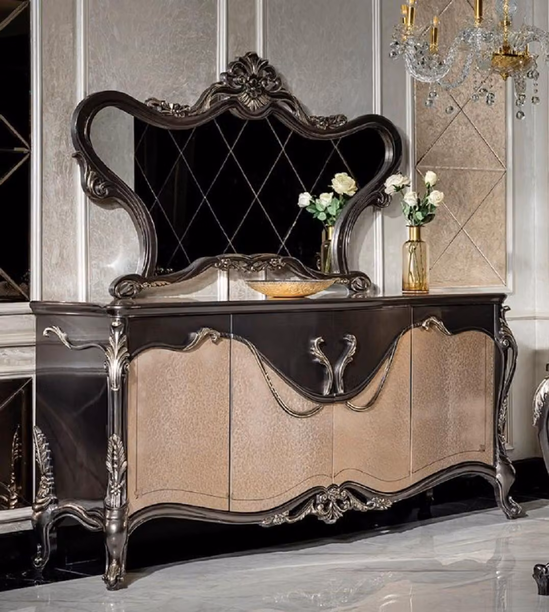 Casa Padrino set di mobili barocchi grigio scuro / beige / oro - 1 credenza con 4 ante e 1 specchio - Mobili barocchi fatti a mano - Nobile e magnifico