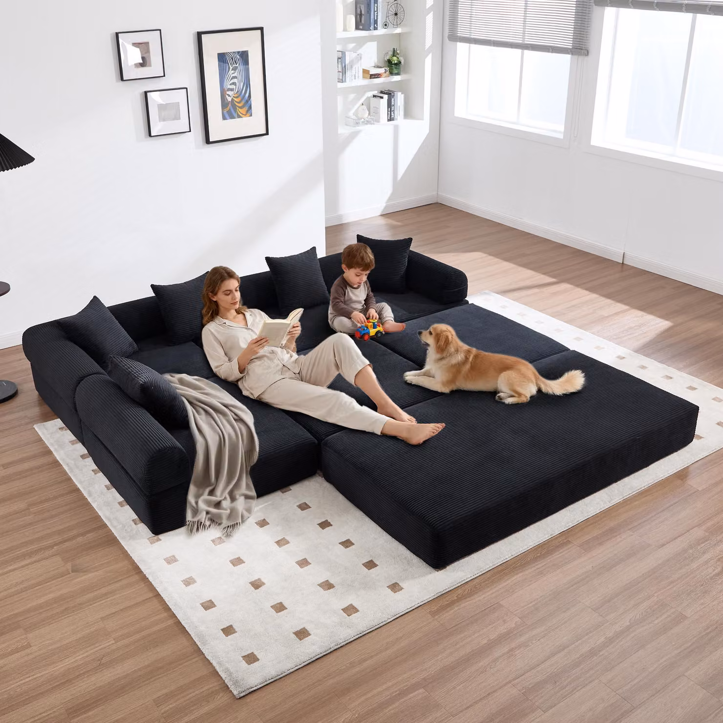LVHOM Divano letto modulare in tessuto a coste, divano imbottito pieghevole 7 in 1, letto da giorno senza montaggio, divano da terra con tasche laterali, nero