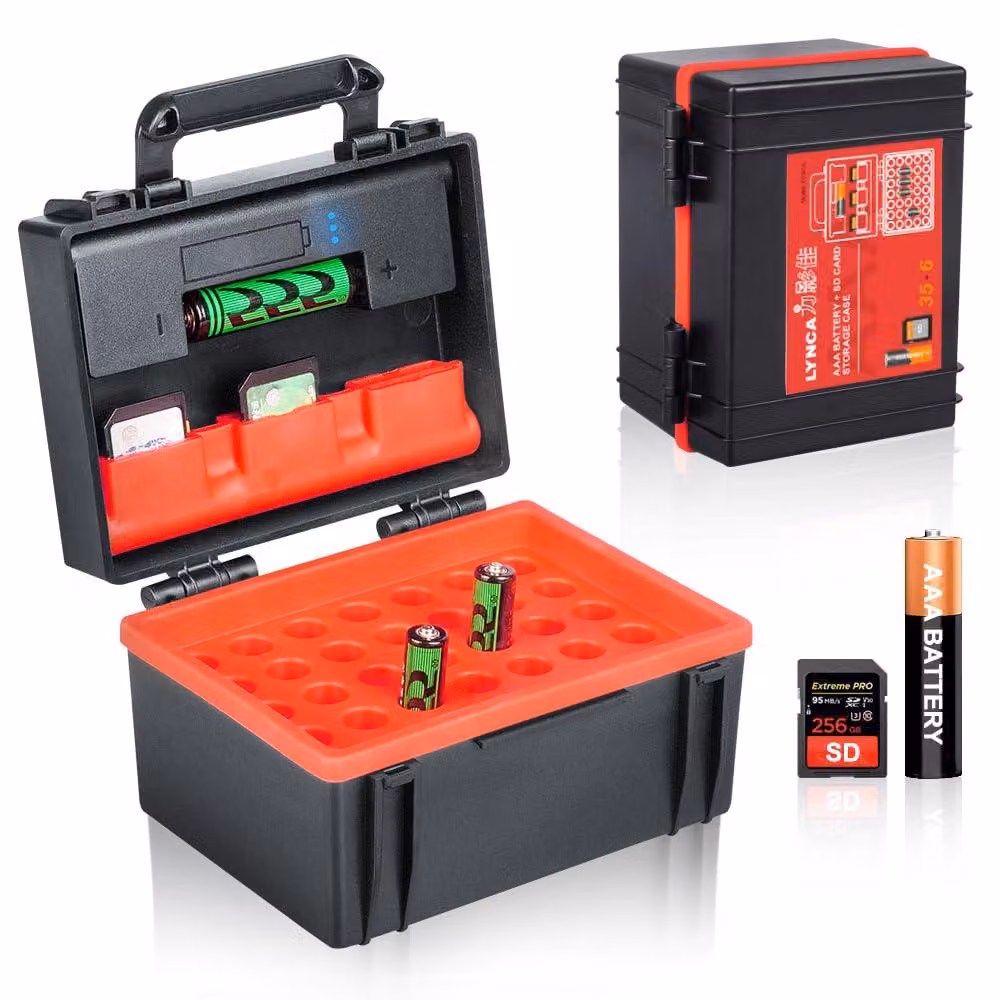 Organizzatore per batterie con tester di batterie rimovibile, impermeabile e resistente agli urti