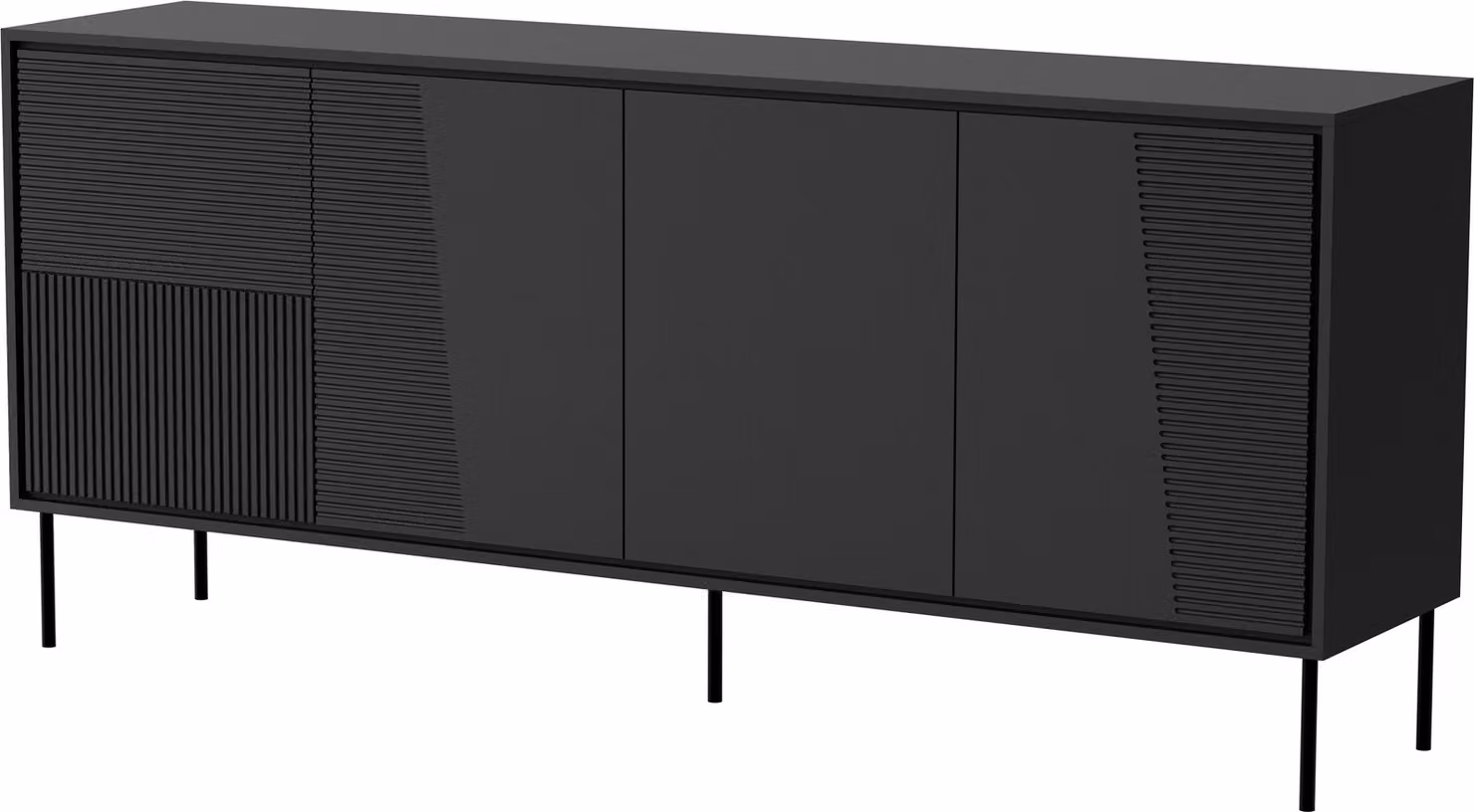 Cassettiera ABUDABI 200 cm 4D BLACK MATT con gambe in metallo nero con frontali fresati credenza a 4 ante credenza in MDF credenza a ripiani aperti buffet