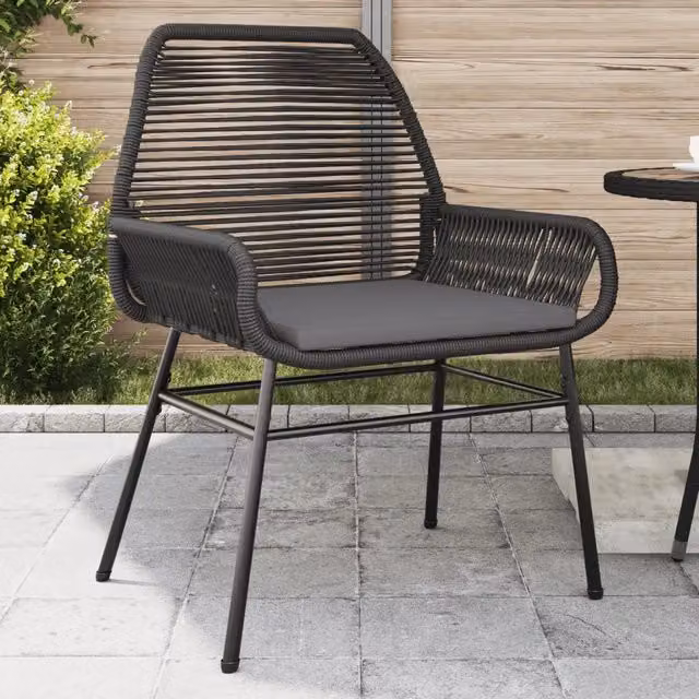 Set di 2 sedie da giardino vidaXL in polyrattan con cuscini neri e grigi e braccioli