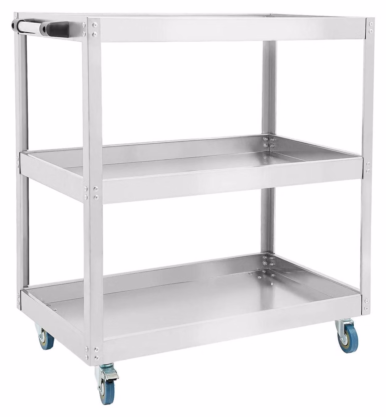 Carrello da officina - Carrello di trasporto a 3 ripiani - Acciaio inossidabile 201 - Portata 150–200 kg - 4 ruote (2 con freno) - Finitura spazzolata - 66×35×71 cm - Argento