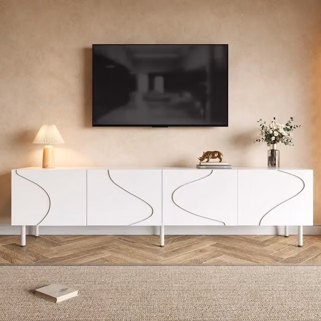 Mobile TV Minimal bianco con 4 ante push to open per soggiorno in MDF design moderno L: 170 cm, P: 35 cm, H: 50 cm – 1