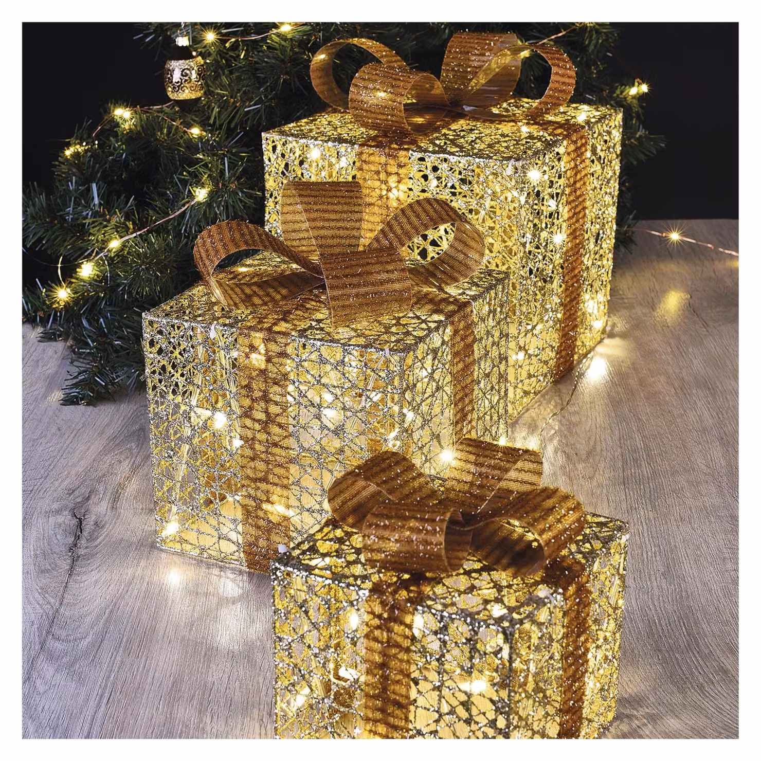 Scatole regalo a LED, dorate, confezione da 3 pezzi, luce bianco caldo, cavo da 3 metri, grado di protezione IP20