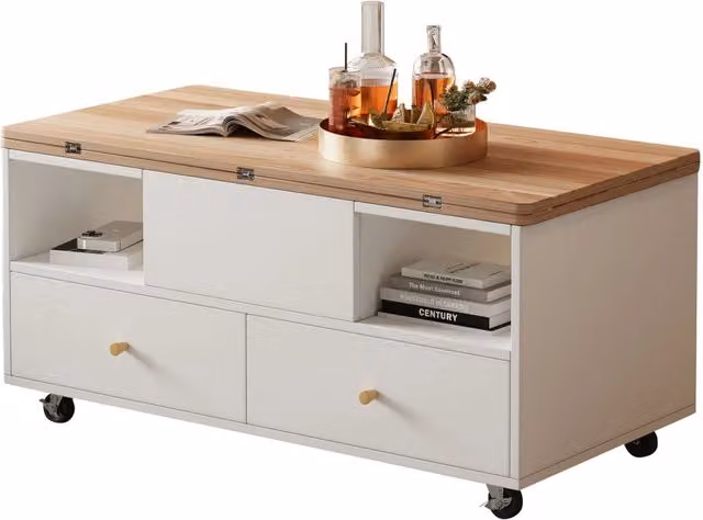 Tavolino alzabile e pieghevole REDOM in MDF con piano regolabile in altezza e ruote, Colore Bianco e Marrone – 1