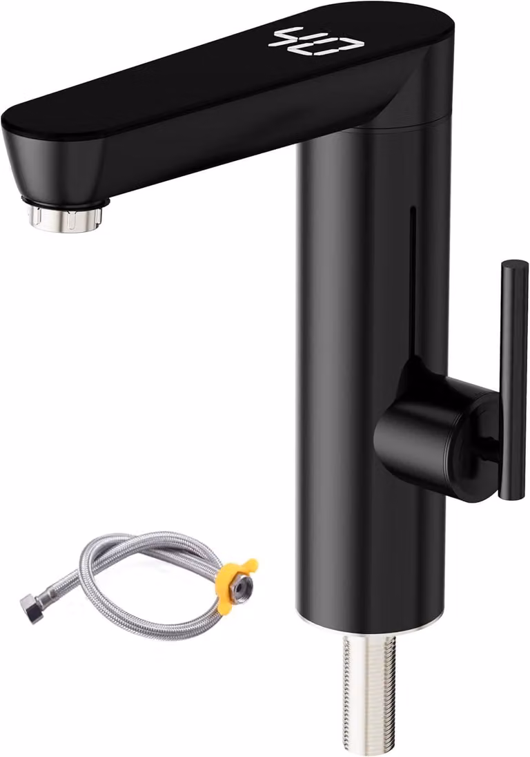 Rubinetto elettrico per acqua calda, 3000 W, display digitale, finitura spazzolata, colore nero