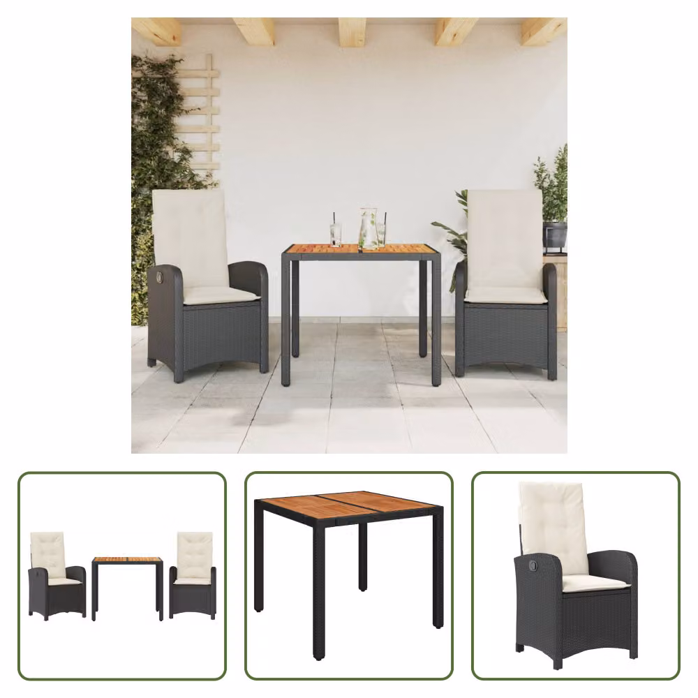 The Living Store Set da pranzo da giardino in 3 pezzi con cuscini in poly rattan nero